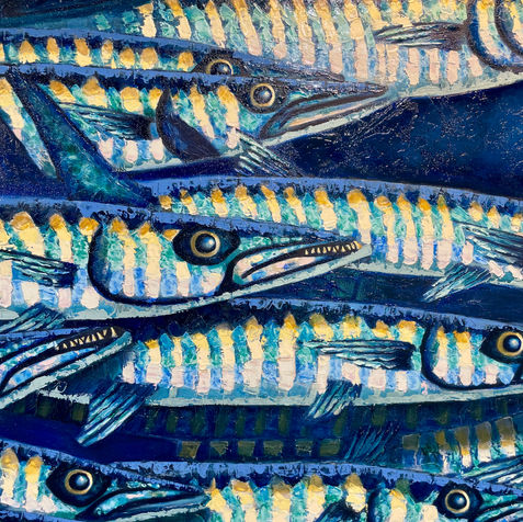 Florida barracuda school of Fishes abstract realist oil painting in colorful colors of blue & turquoise, pink. Collection KeyWest from by Fine Art Oil painter Alicia Zemanek