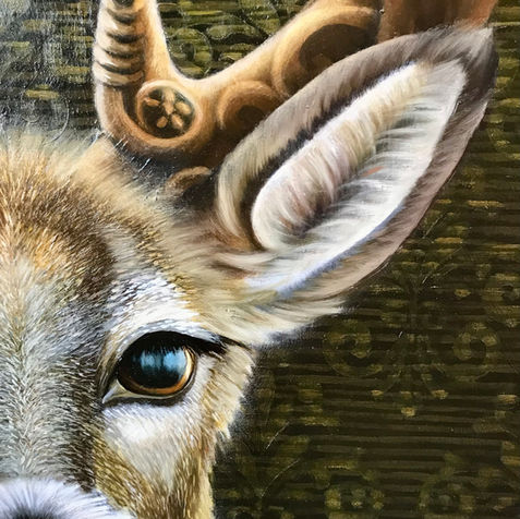 Art Contemporain d'un cerf de  Virginie avec with des bois travaillés par Alicia Zemanek artiste peintre à l'huile
