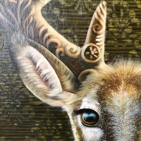 Art Contemporain d'un cerf de  Virginie avec with des bois travaillés par Alicia Zemanek artiste peintre à l'huile