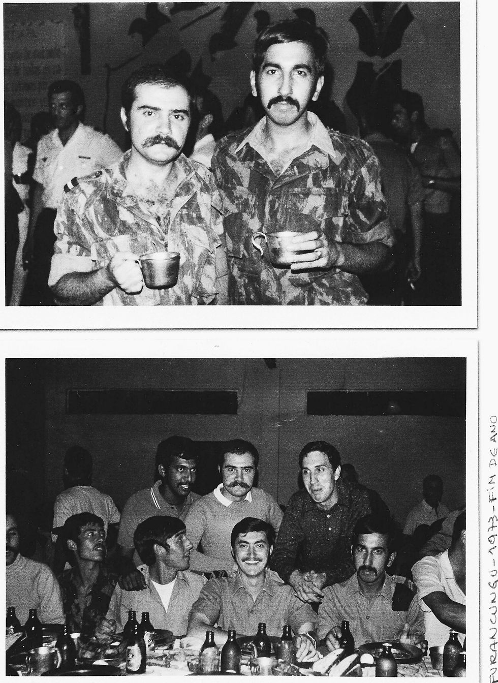 Foto de cima, com o Carlos Amaral, de quem fiquei amigo. Em baixo, convívio da passagem do ano de 1972 para 1973 com oficiais milicianos, sargentos e praças. Estou ao centro, em pé. Acabava de fazer 24 anos.