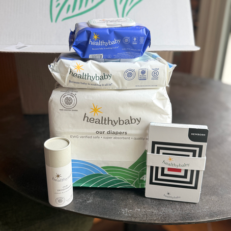A HealthyBaby Diapers package displayed on a table