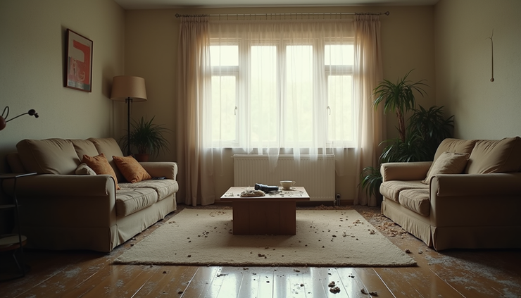 Eye-level view of a slightly messy living room with dust on surfaces