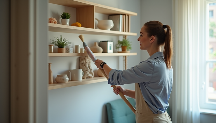 Eye-level view of a professional cleaner carefully dusting a living room shelf