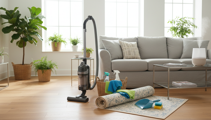 Wide-angle view of a bright living room with a vacuum, microfiber cloths, and a basket of cleaning supplies
