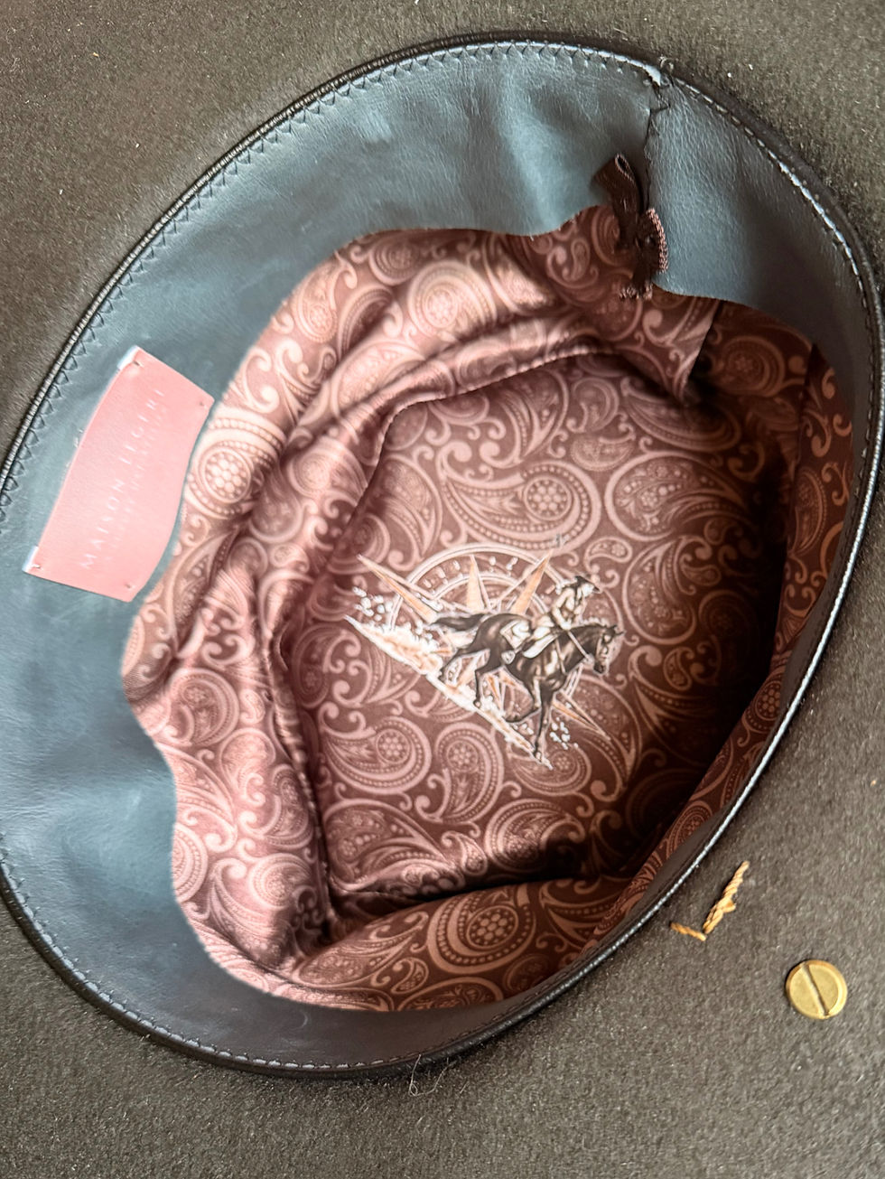 Maison Legere heirloom hat interior showing custom satin liner and soft leather sweatband