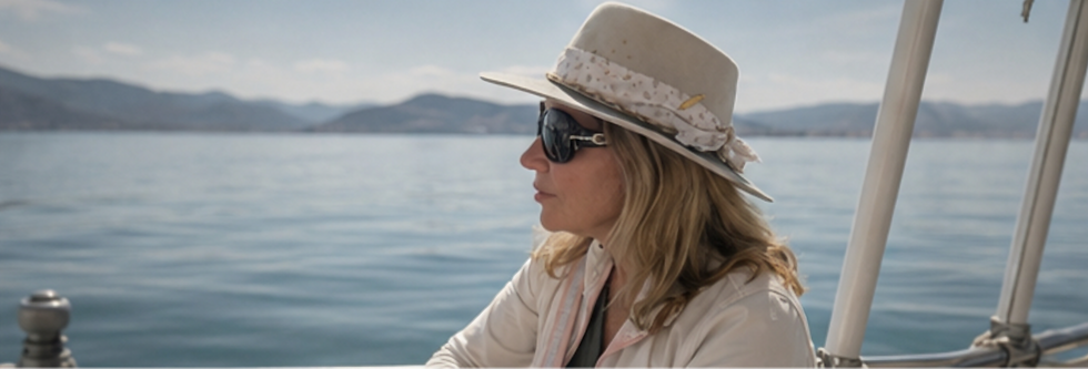 Jill stares out at water on ferry in Greece
