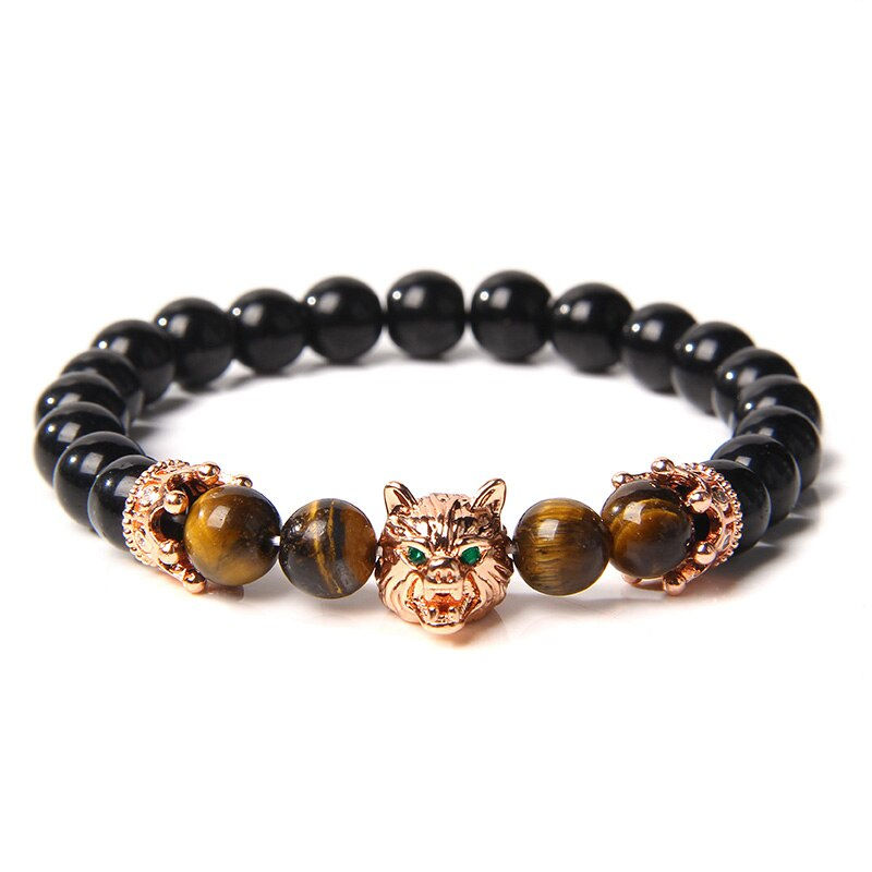 Thumbnail: Wolf Charm Bracelet Natural Black Lava Stone
