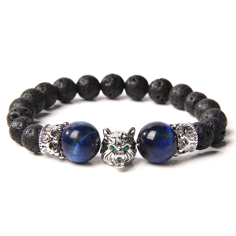 Thumbnail: Wolf Charm Bracelet Natural Black Lava Stone