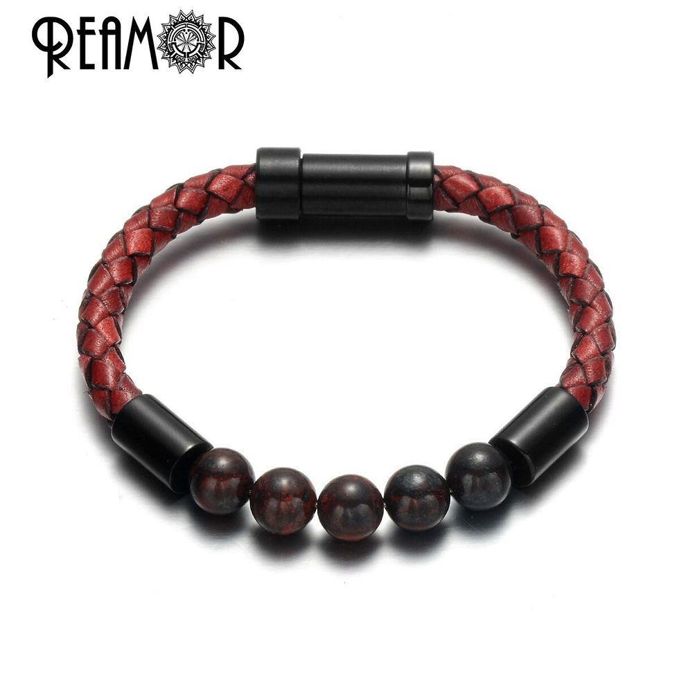 Thumbnail: Natural Stone Braided Leather Bracelets Gold Color - Stainless steel 