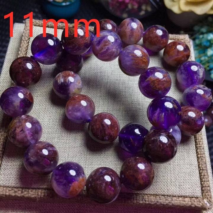 Thumbnail: Genuine Natural Cacoxenite Quartz Purple Phantom Round Beads Bracele