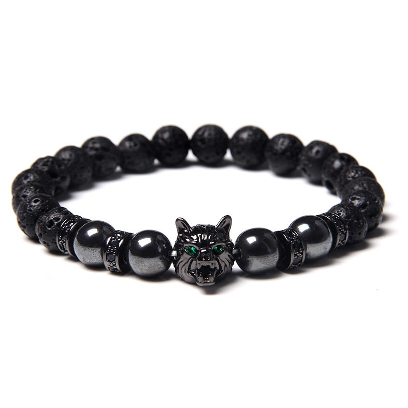 Thumbnail: Wolf Charm Bracelet Natural Black Lava Stone