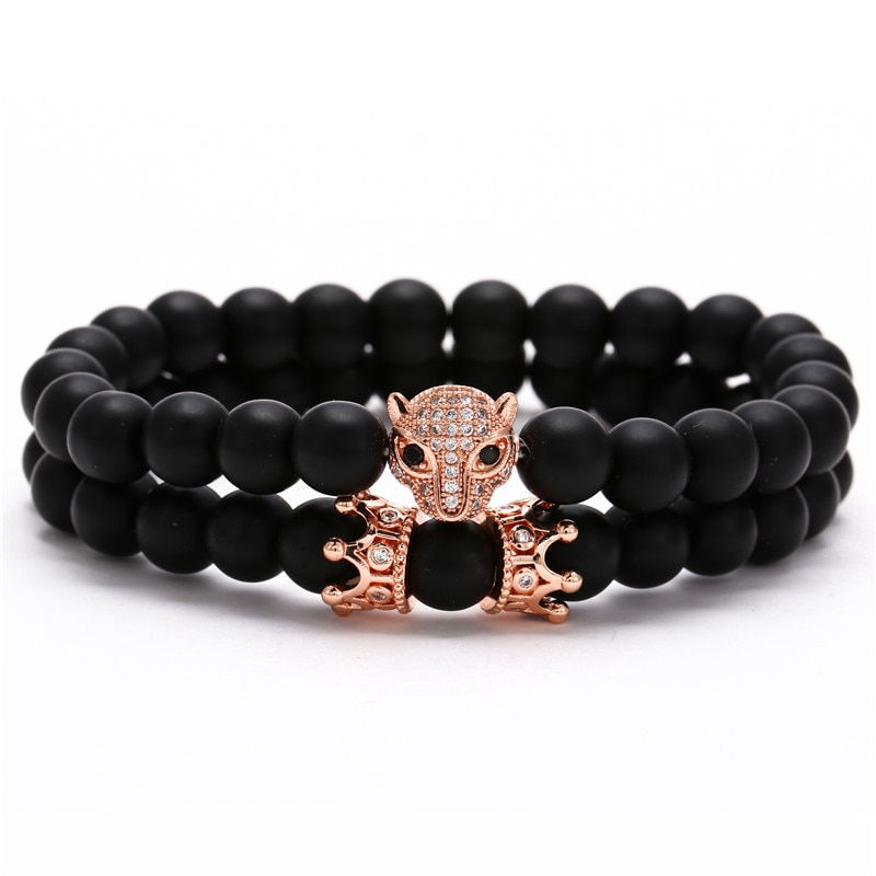 Indexkép: Luxury 2Pcs/Set Natural Lava Stone Beads - Skull Crown Bracelet 