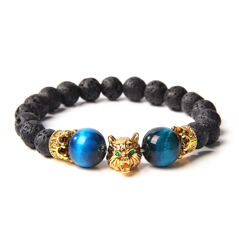 Thumbnail: Wolf Charm Bracelet Natural Black Lava Stone