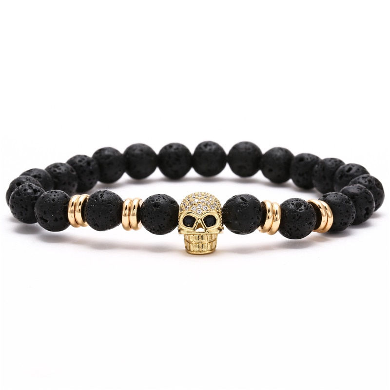 Thumbnail: Luxury 2Pcs/Set Natural Lava Stone Beads - Skull Crown Bracelet 