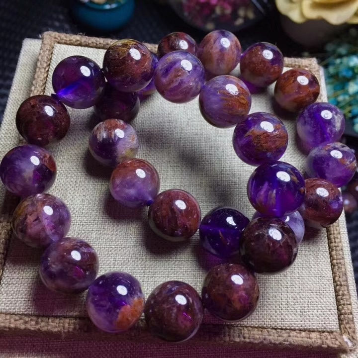 Thumbnail: Genuine Natural Cacoxenite Quartz Purple Phantom Round Beads Bracele