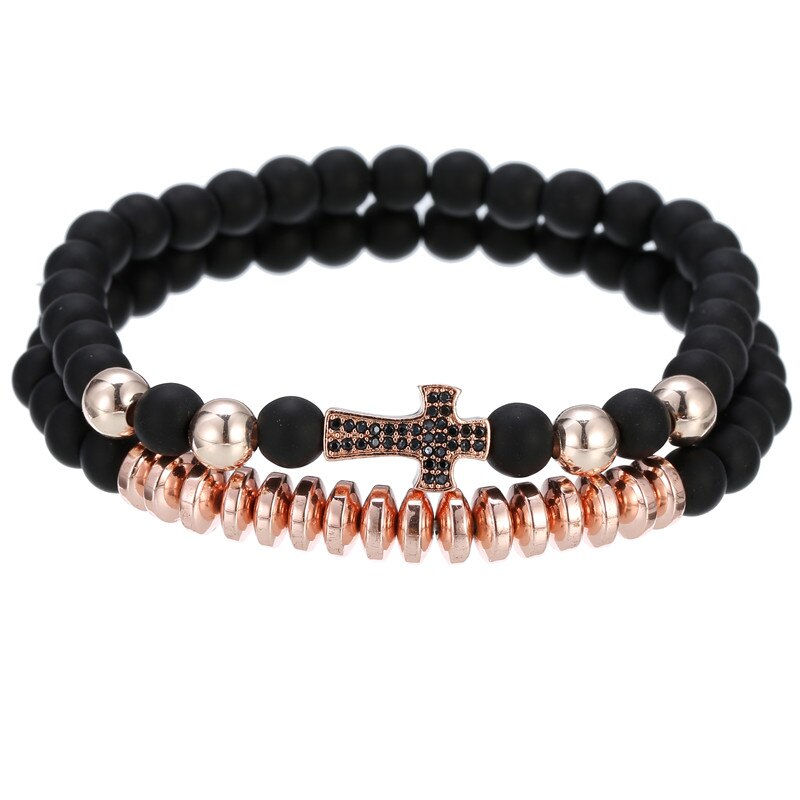 Thumbnail: Luxury 2Pcs/Set Natural Lava Stone Beads - Skull Crown Bracelet 
