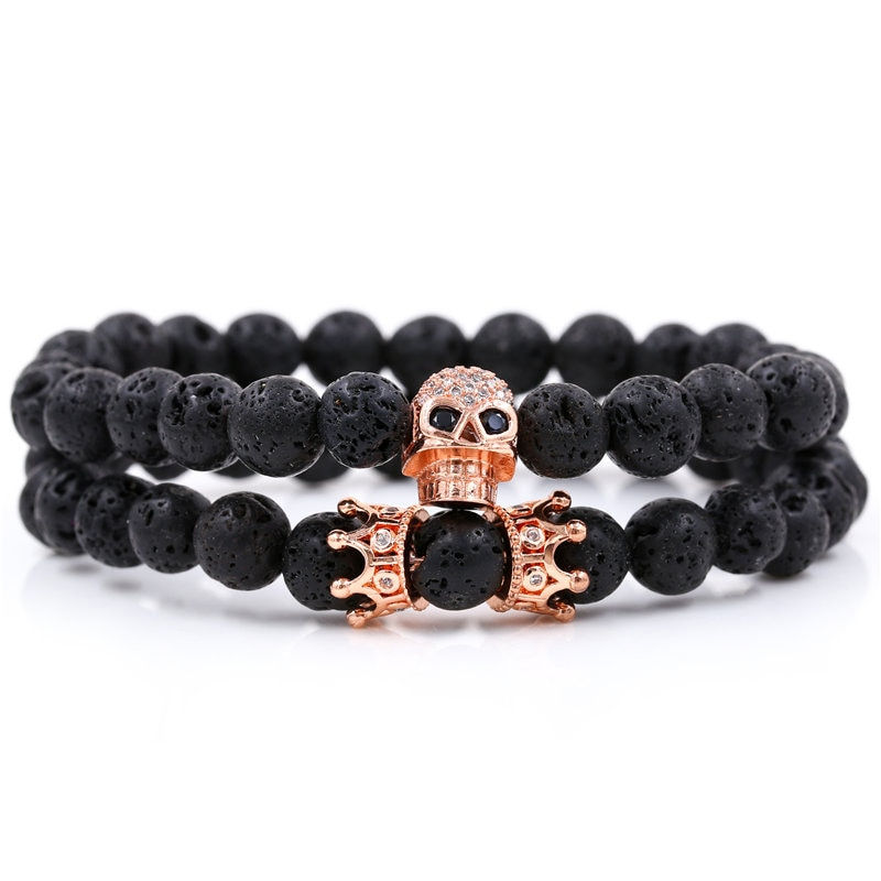 Thumbnail: Luxury 2Pcs/Set Natural Lava Stone Beads - Skull Crown Bracelet 