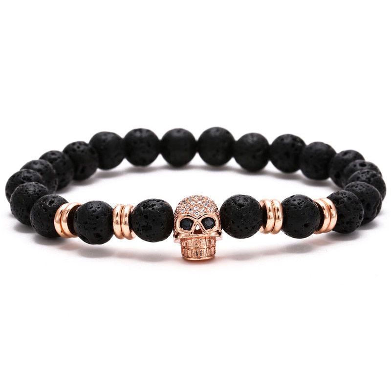 Thumbnail: Luxury 2Pcs/Set Natural Lava Stone Beads - Skull Crown Bracelet 