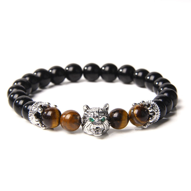 Thumbnail: Wolf Charm Bracelet Natural Black Lava Stone