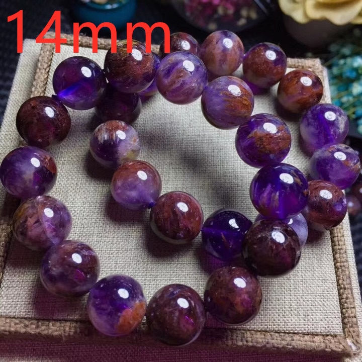 Thumbnail: Genuine Natural Cacoxenite Quartz Purple Phantom Round Beads Bracele