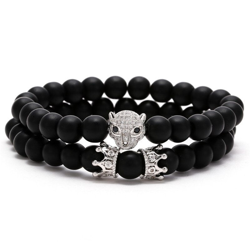 Thumbnail: Luxury 2Pcs/Set Natural Lava Stone Beads - Skull Crown Bracelet 