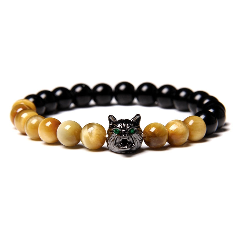 縮圖：Wolf Charm Bracelet Natural Black Lava Stone