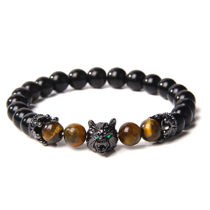 Thumbnail: Wolf Charm Bracelet Natural Black Lava Stone