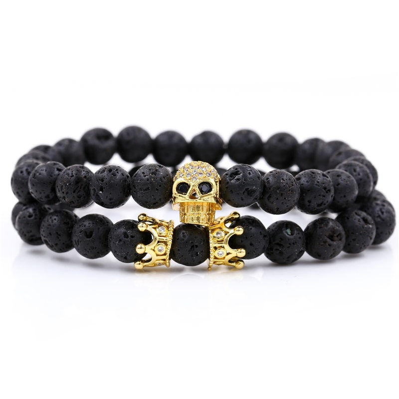 Thumbnail: Luxury 2Pcs/Set Natural Lava Stone Beads - Skull Crown Bracelet 