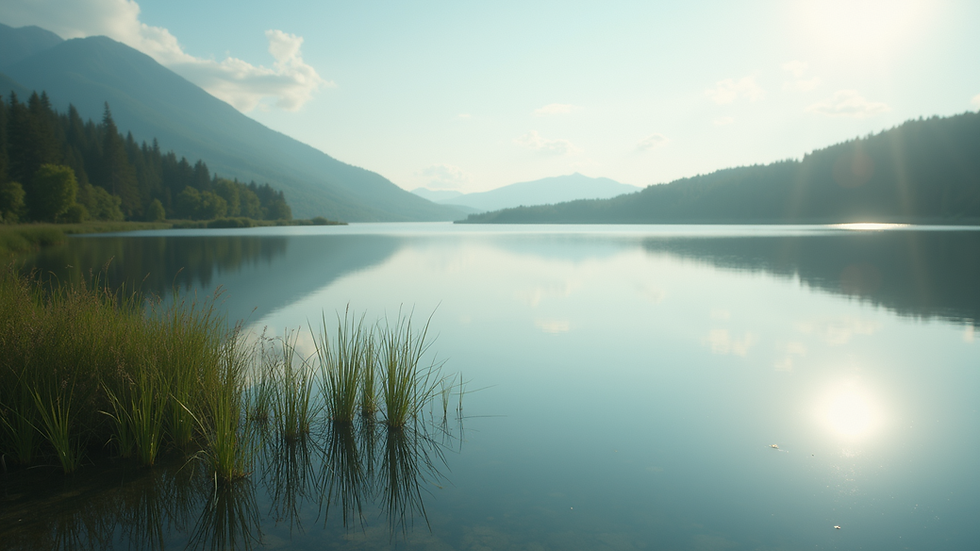 Close-up view of a serene landscape with a calm lake