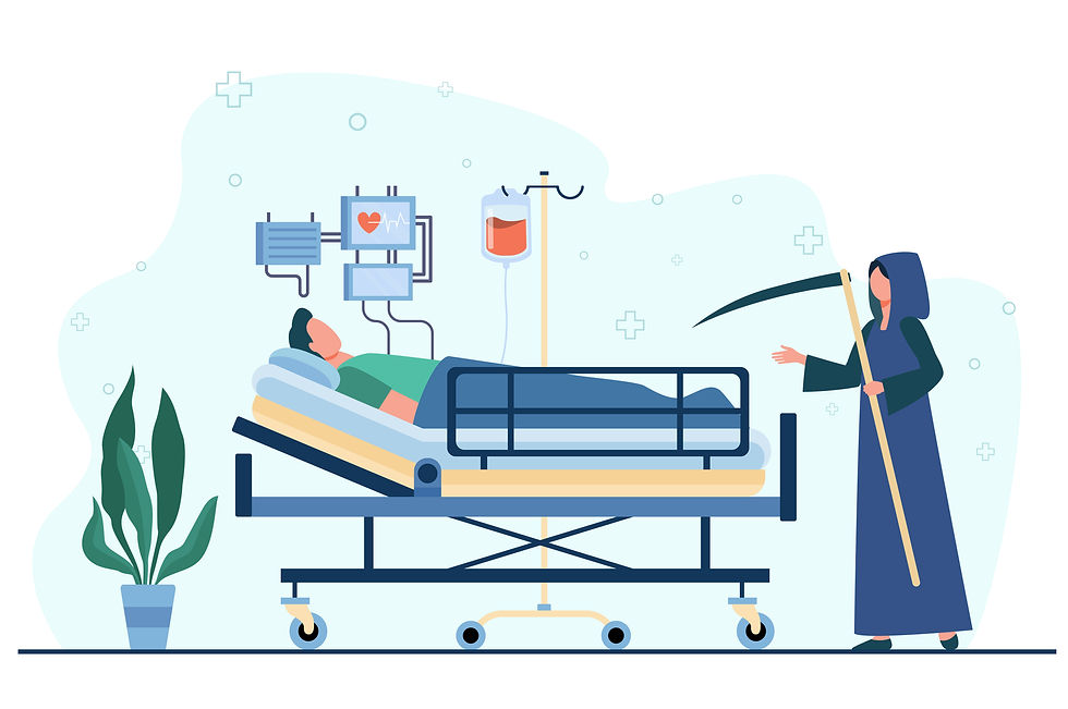 A man lying on a hospital bed with a Grim Reaper nearby, illustrating how a financial advisor will suggest the best health insurance policies for protection.