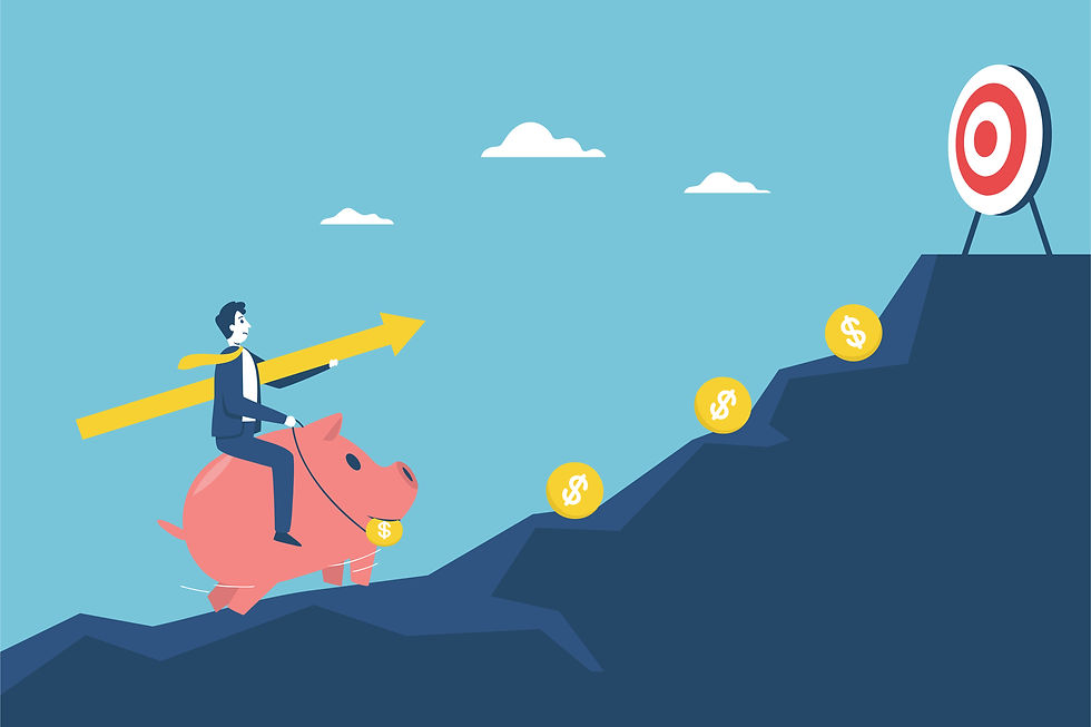 A man sitting on a pig, holding an arrow in his hand, riding up a mountain towards an archery target.