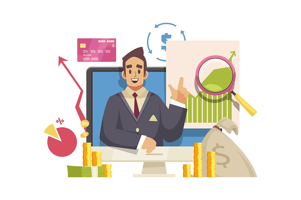 A man surrounded by various financial symbols, including dollar signs, graphs, charts, and investment icons.