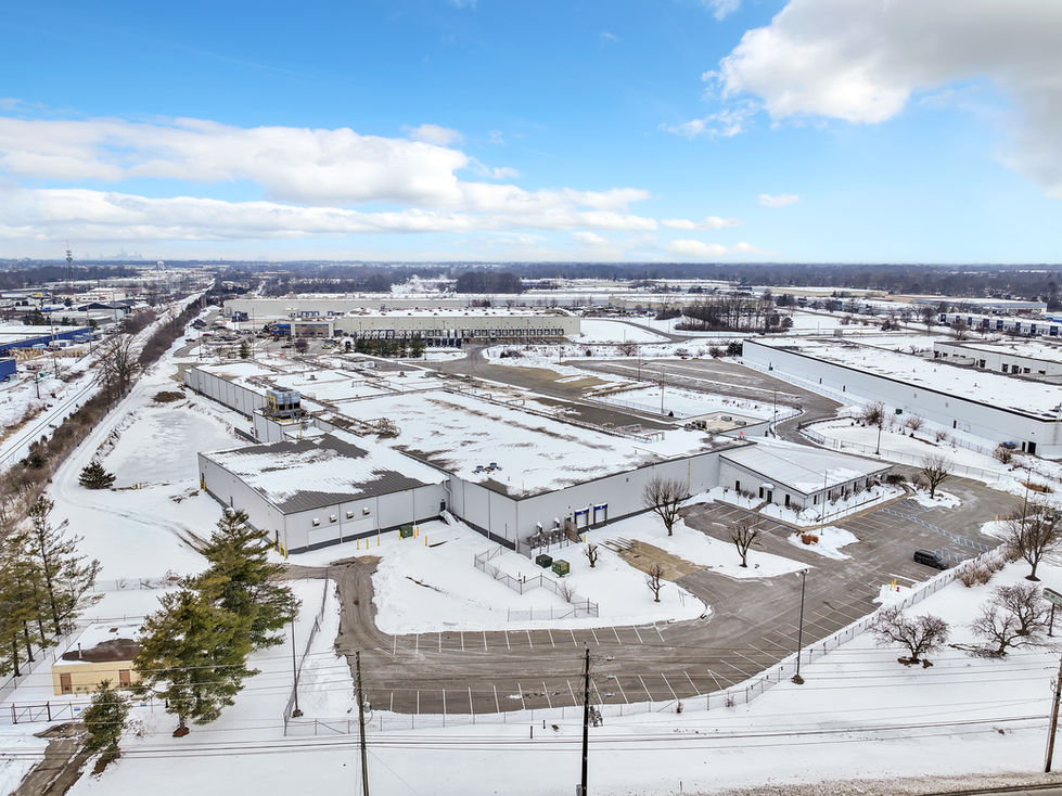 Drone aerial shot highlighting truck access, logistics layout, and parking infrastructure at Indianapolis warehouse.
