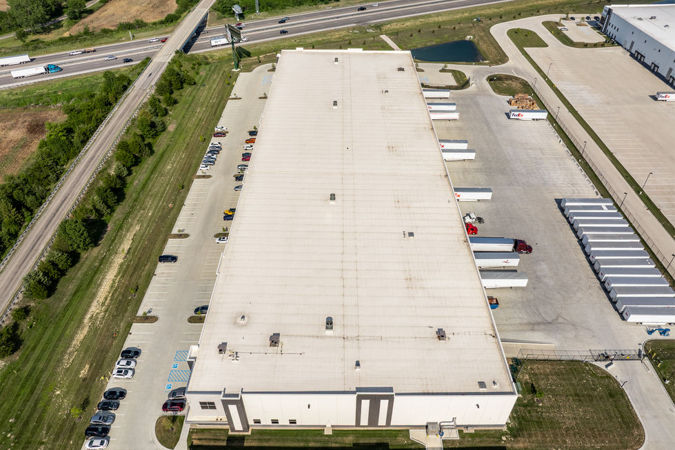 Overhead drone capture of distribution warehouse in Mohr Logistics Park.