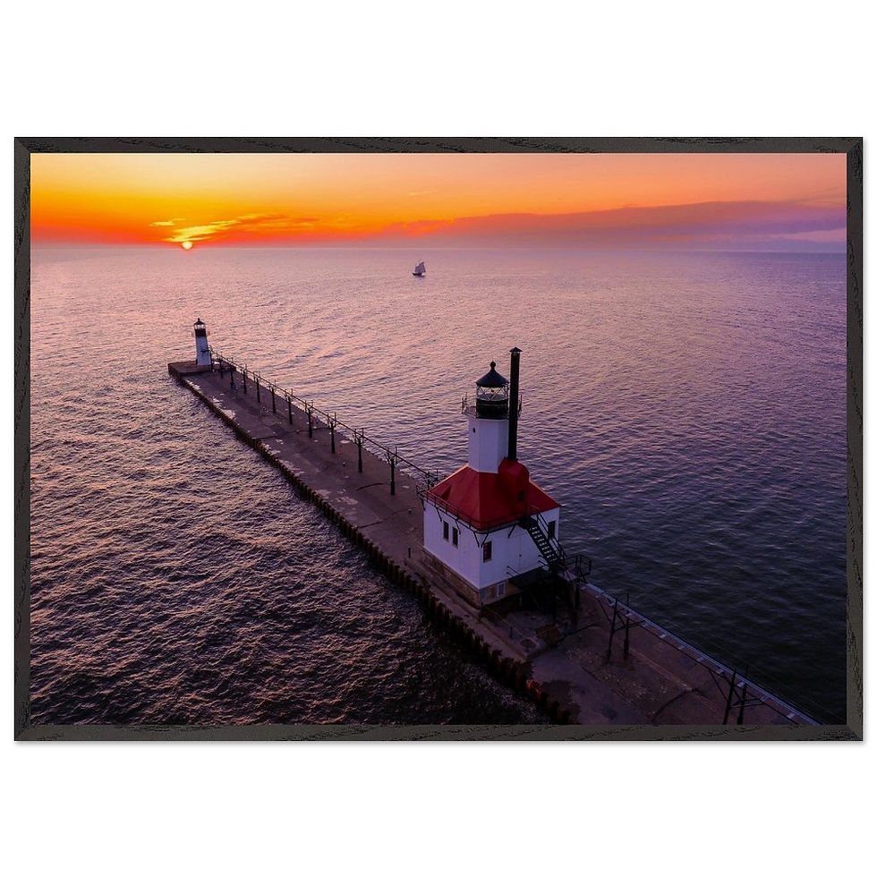 Thumbnail: St. Joseph Michigan North Pier Sunset — Aerial Lake Michigan Coastal Art