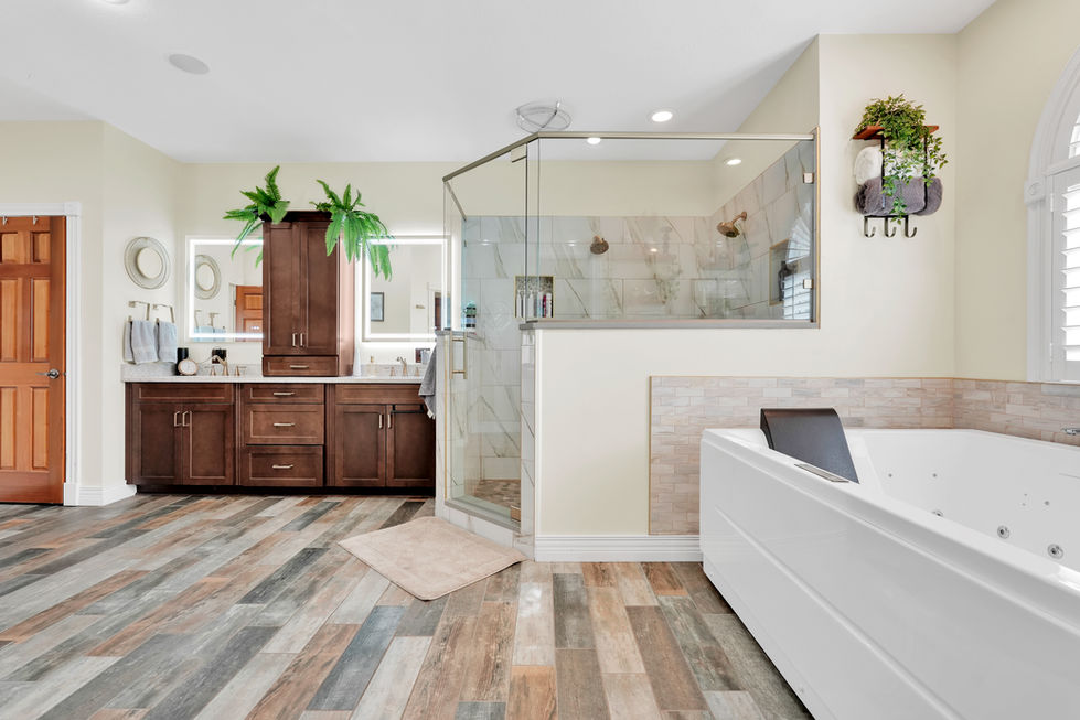 Bathroom interior with walk-in shower in upscale Indiana property