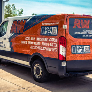 Radford Woodworks branded work van photographed in Zionsville, Indiana for business marketing content.