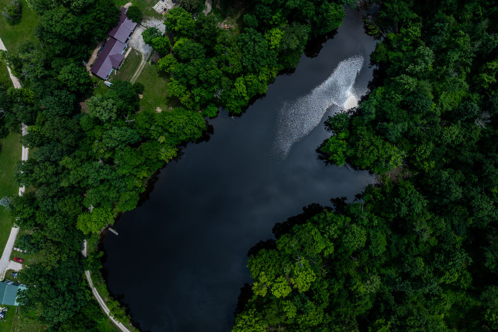 Drone view of private lake on 40-acre property in Spencer Indiana.