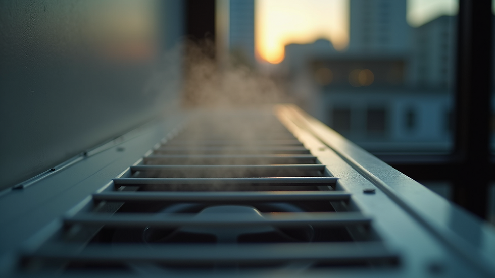 Eye-level view of an air conditioning vent with warm air blowing