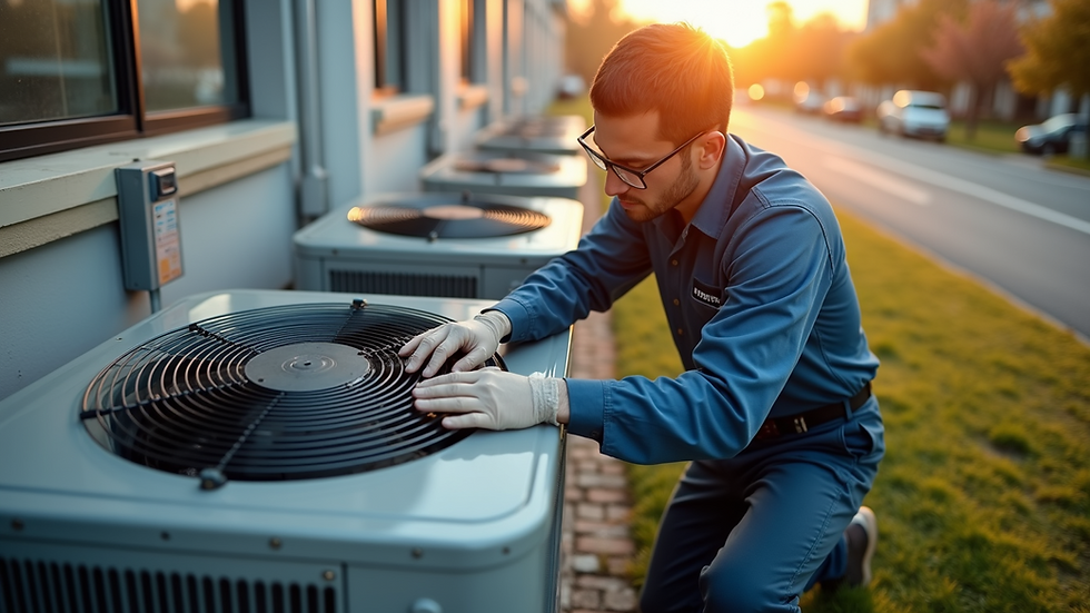 High angle view of a technician performing maintenance on an outdoor air conditioning unit