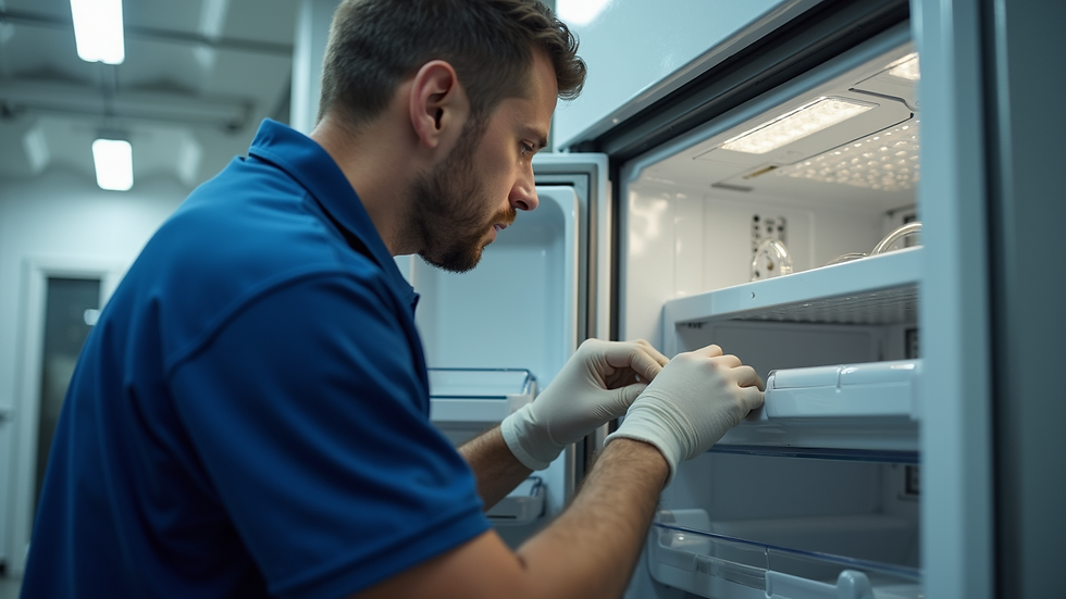 Eye-level view of an appliance repair technician inspecting a refrigerator