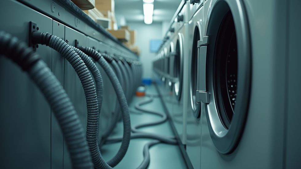 High angle view of washing machine hoses and connections