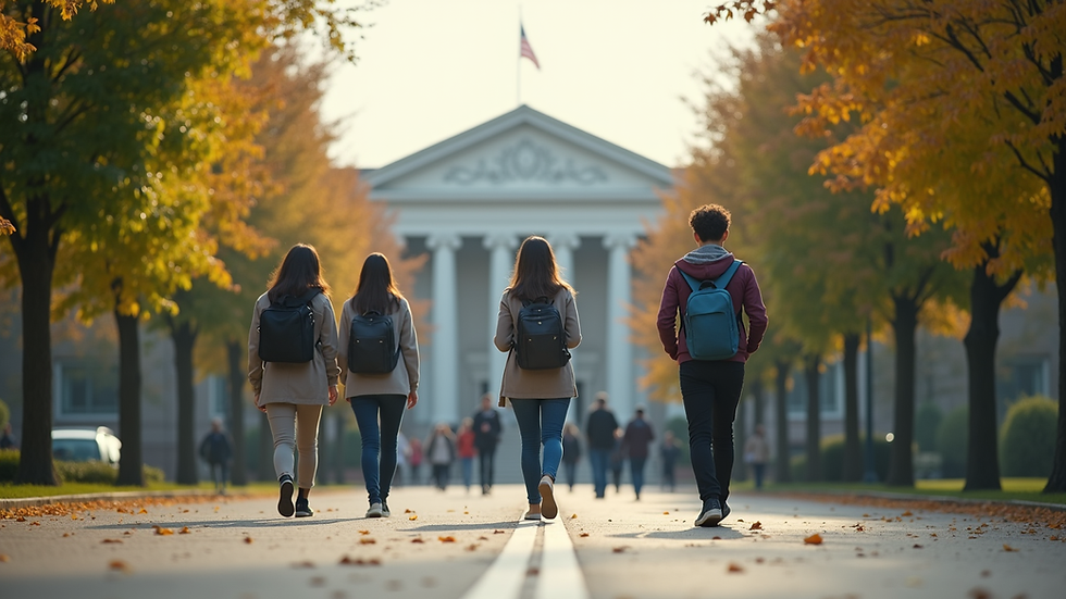 Eye-level view of a university campus with international students walking