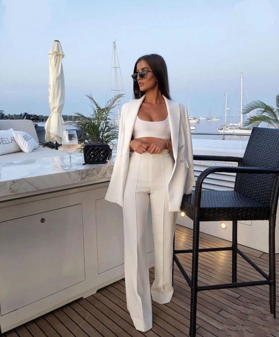 Three Piece White Co-ord set - coat, crop top and pants