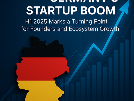 Cover image for article 'Germany’s Startup Boom – H1 2025' featuring a dark blue background with a rising arrow, bar chart, and a silhouette of Germany in flag colors, symbolizing growth in startup formation and ecosystem expansion.