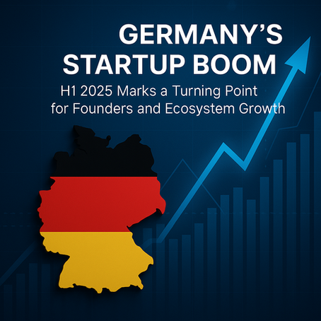 Cover image for article 'Germany’s Startup Boom – H1 2025' featuring a dark blue background with a rising arrow, bar chart, and a silhouette of Germany in flag colors, symbolizing growth in startup formation and ecosystem expansion.