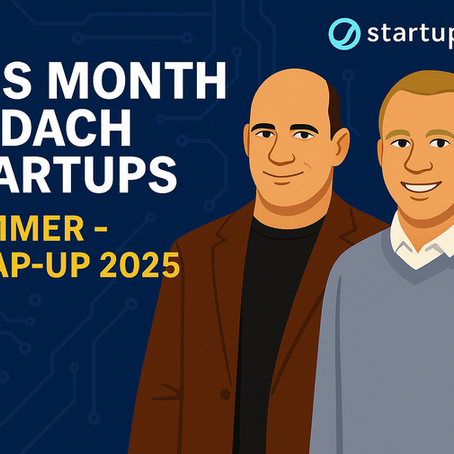 Cover graphic for Startuprad.io’s ‘This Month in DACH Startups – Summer Wrap-Up 2025’ featuring illustrated portraits of the podcast hosts, highlighting startup news from Germany, Austria, and Switzerland