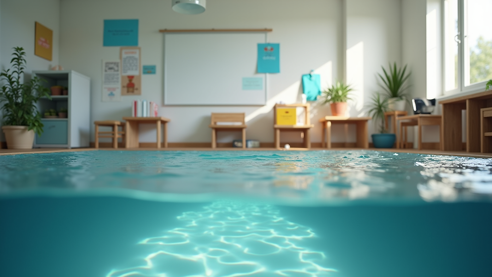 Vue en plongée d’une salle de classe avec matériel pédagogique adapté pour élèves DYS