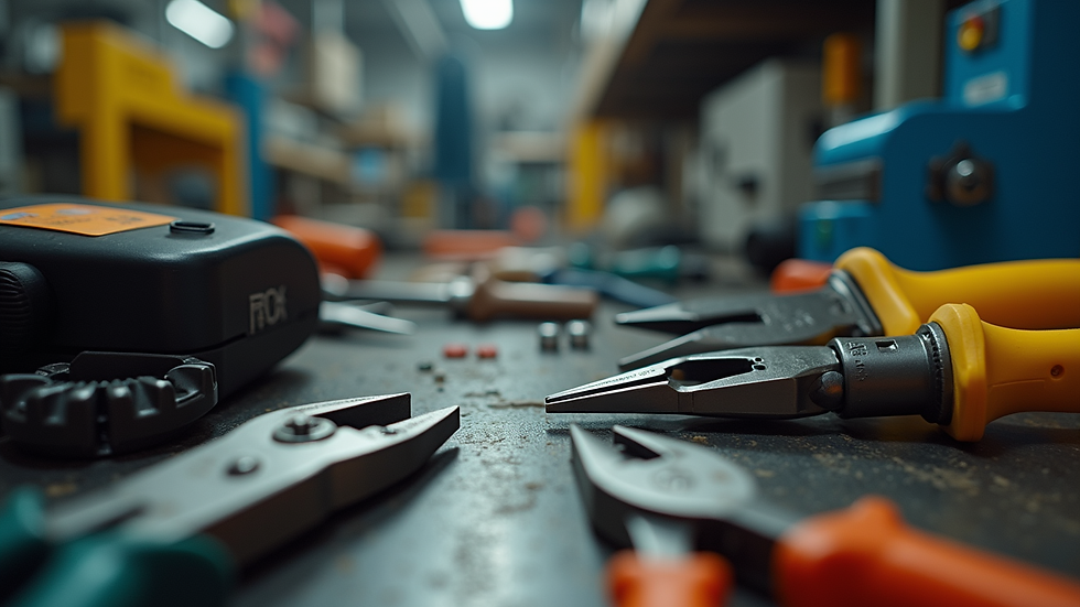 Eye-level view of electrical tools and wiring on a workbench