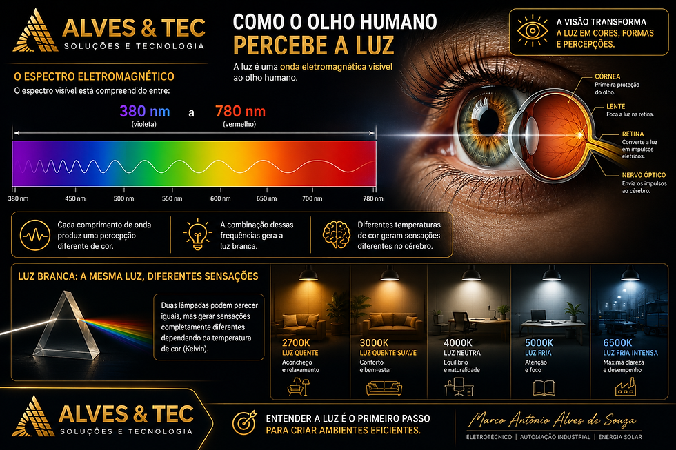 A luz é uma onda eletromagnética visível ao olho humano.
O espectro visível está compreendido aproximadamente entre:
380 nm (violeta)
780 nm (vermelho)